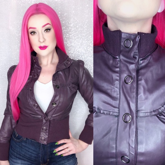 Jackets & Blazers - Purple Vegan Leather Puff Sleeve Jacket